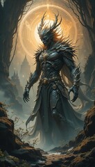 Majestic Armored Fantasy Warrior with Glowing Antlers in Enchanted Forest with Mystical Backdrop