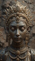 Fototapeta premium Intricately Designed Golden Headdress and Jewelry on a Statue with Blurred Face Against Stone Background