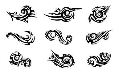 Fototapeta premium Maori and polynesian tribal tattoos with vector geometric pattern and traditional ethnic ornament of hawaiian, filipino and samoan indigenous people. Maori tribal patterns for arm sleeve tattoo