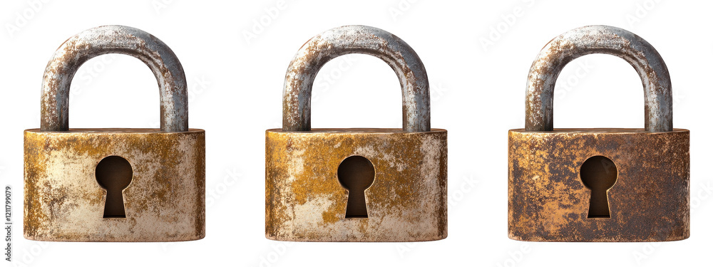 Poster old padlocks with rust and wear, showcasing vintage design and texture. perfect for security themes 