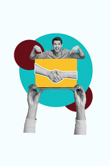 Creative design composite trend artwork collage of sign gesture body language hand hold laptop display handshake success partnership