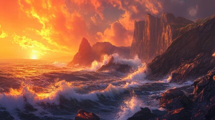 Fototapeta premium A dramatic coastal cliff with waves crashing against the rocks, bathed in a vibrant orange sunset glow