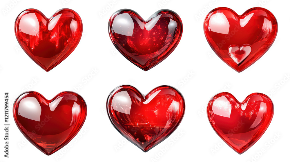 Poster red heart shaped candies arranged in a grid with shiny surfaces and varying designs isolated on tran
