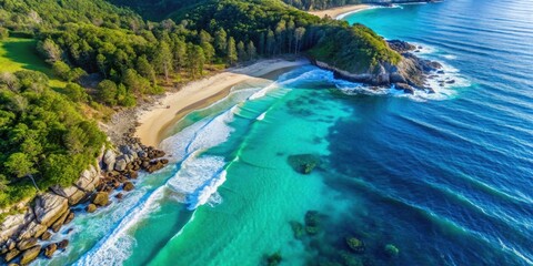 Secluded Coastal Paradise An Aerial View of a Pristine Beach, Turquoise Waters, and Rolling Waves Crashing Against Rocky Shores, Offering a Serene Escape