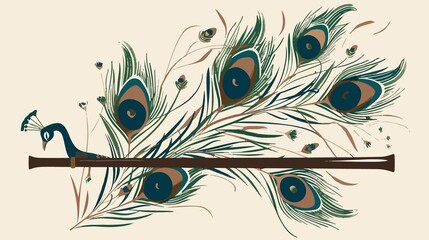 Obraz premium Elegant Flute with Peacock Feathers Flat Vector Illustration