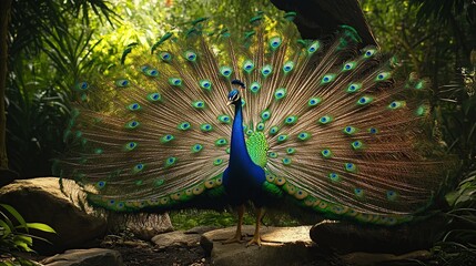 Obraz premium Majestic peacock displaying vibrant plumage in lush tropical setting.