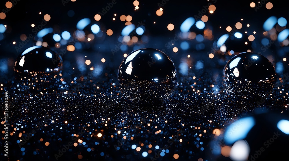 Poster shiny spheres on dark surface with bokeh glittering particles