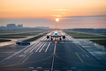Airplane Taking Off Runway Sunrise Beautiful Golden Hour Scenic Flight Travel Journey Airliner...