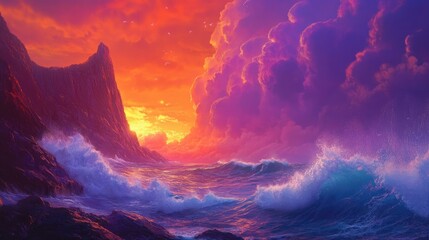 Fototapeta premium A dramatic view of coastal cliffs and crashing waves, bathed in the glow of a fiery sunset