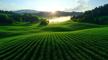 Serene Green Fields Under Vibrant Sunrise with Misty Landscape