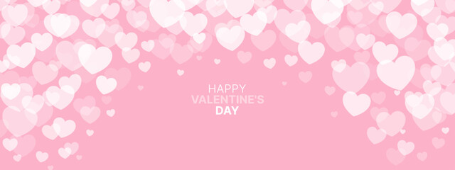 Banner with flying hearts, pink background. Happy Valentine's day template. Abstract background with hearts, love theme. Vector illustration.