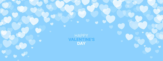 Banner with flying hearts, blue background. Happy Valentine's day template. Abstract background with hearts, love theme. Vector illustration.