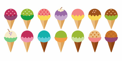 Collection of 14 Ice Cream Cone Designs: Vibrant and Delicious Frozen Treats in Various Flavors.