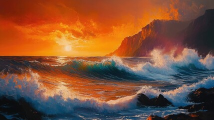 Fototapeta premium A dynamic sunset seascape with crashing waves and cliffs bathed in vibrant orange light