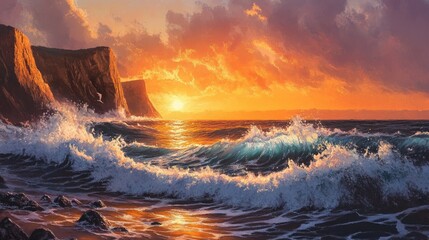Fototapeta premium A dynamic sunset seascape with crashing waves and cliffs bathed in vibrant orange light
