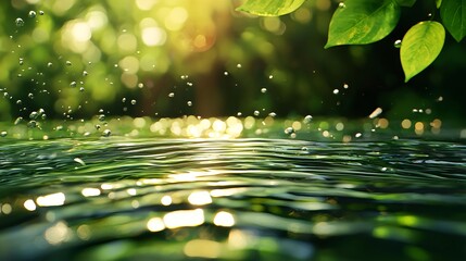 Beautiful Rippling Water with Sparkling Sunlight and Green Leaves