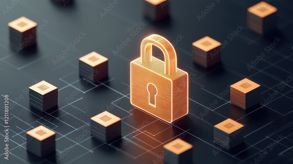 Poster a digital lock icon stands out amid a network of blocks, symbolizing cybersecurity and data protecti