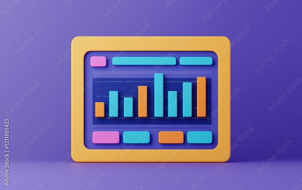 Poster a vibrant, 3d bar chart display on a purple background, showcasing data trends with colorful graphic