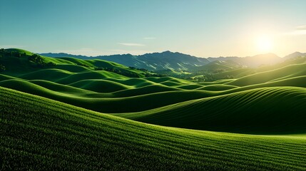 Fototapeta premium Serene Green Hills Under Bright Blue Sky at Sunrise