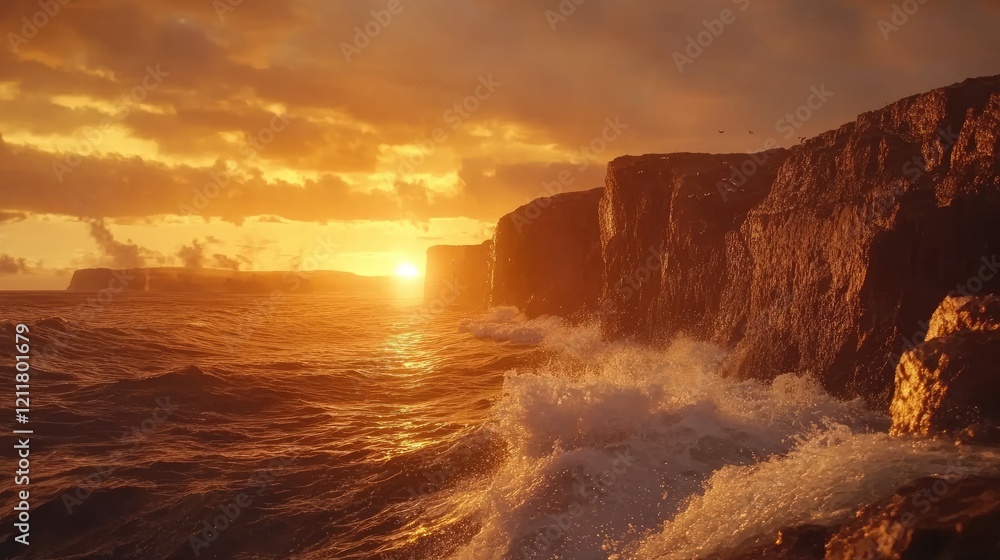 Poster a powerful seaside scene with crashing waves and cliffs, highlighted by an orange sunset