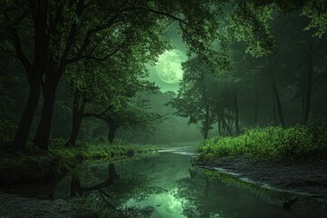 Fototapeta premium Serene Moonlight Illuminates a Tranquil Forest Stream