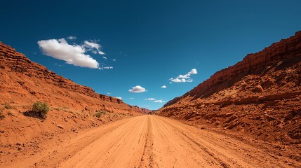 Naklejka premium Dusty Dirt Road Surrounded by Red Canyon Under Clear Blue Sky