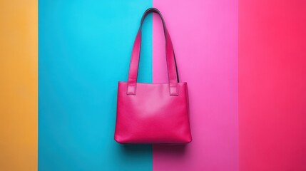 Vibrant pink tote bag displayed against a colorful backdrop of blue and pink panels, perfect for fashion