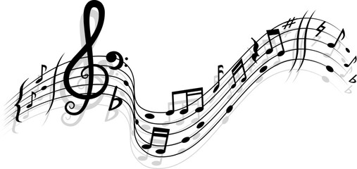 Song and music wave with notes on lines and clef. Orchestra melody notes wave pattern. Symphony vintage isolated vector backdrop or classic music concert sound monochrome background