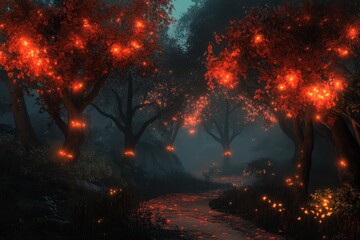 Fototapeta premium Enchanting Forest Path Glowing With Autumnal Lights