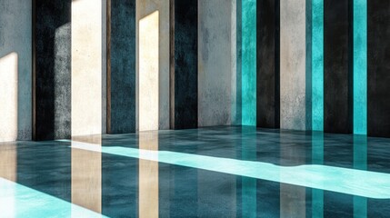 A modern, abstract interior space with colorful light reflections on the floor.