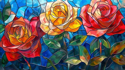 Abstract stained glass background with red and yellow roses on a blue background