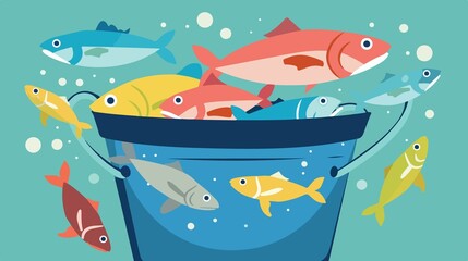 Fresh Fishes Bucket Flat Vector Illustration