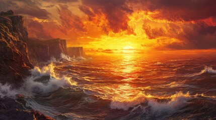 A stunning orange sunset over dramatic cliffs, waves crashing wildly below, a dynamic seascape