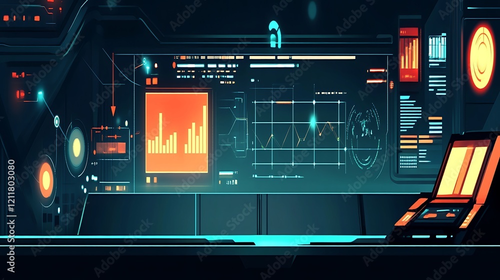 Poster futuristic control panel interface showing data graphs