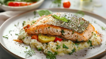 Salmon with risotto and vegetables on plate, close-up