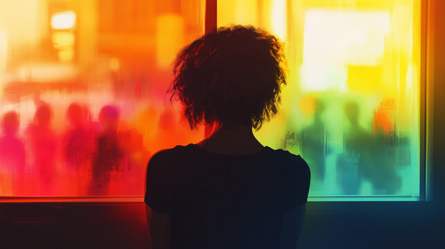 A member of the LGBTQ community looks out of a window at civil unrest, there is a sense of foreboding despite a pride rainbow color palette, landscape aspect ratio 16:9