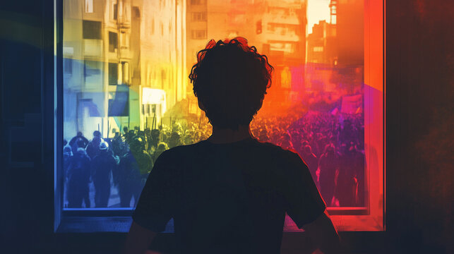A member of the LGBTQ community looks out of a window at civil unrest, there is a sense of foreboding despite a pride rainbow color palette, landscape aspect ratio 16:9