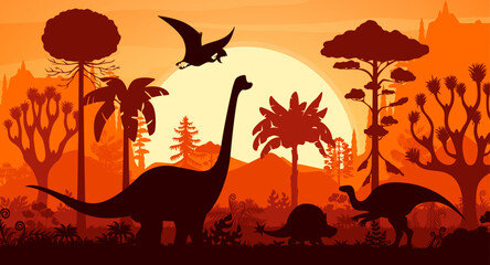 Prehistoric dinosaurs silhouettes in tropical jungle forest sunset landscape vector background. Jurassic brachiosaurus, probactrosaurus, tapejara and doedicurus dinosaur animals and tree silhouettes © Vector Tradition