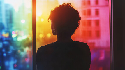 A member of the LGBTQ community looks out of a window at civil unrest, there is a sense of foreboding despite a pride rainbow color palette, landscape aspect ratio 16:9