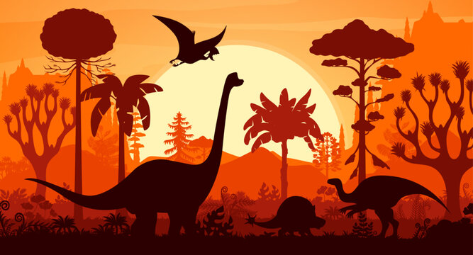 Prehistoric dinosaurs silhouettes in tropical jungle forest sunset landscape vector background. Jurassic brachiosaurus, probactrosaurus, tapejara and doedicurus dinosaur animals and tree silhouettes