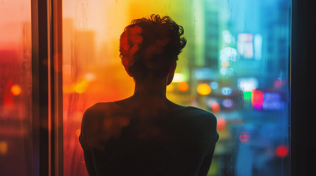 A member of the LGBTQ community looks out of a window at civil unrest, there is a sense of foreboding despite a pride rainbow color palette, landscape aspect ratio 16:9