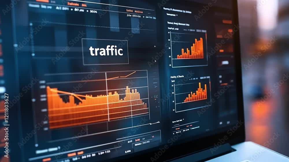 Poster a close-up of a laptop screen displaying vibrant data analytics and traffic charts.