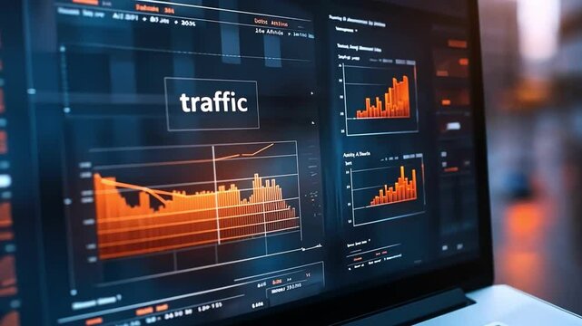 A close-up of a laptop screen displaying vibrant data analytics and traffic charts.