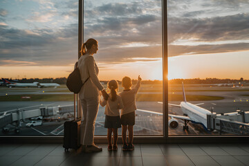 Family Airport Departure Sunset Golden Hour Travel Journey Mother Children Airplane View Window...