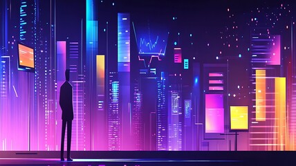 Man Silhouetted Against a Vibrant Futuristic Cityscape