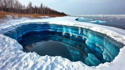 Naklejka premium Stunning Blue Ice Cave in Winter Wonderland: A Breathtaking Arctic Landscape
