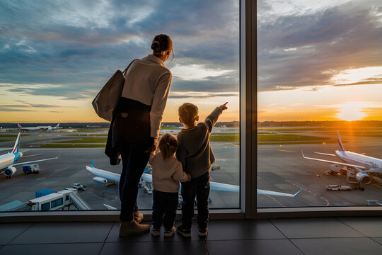 Family Airport Sunset View Airplane Travel Mother Children Watching Departure Golden Hour Plane Journey Kids Trip Vacation Departure Gate Happy Family Traveling Together Air Travel Family Trip sky boy
