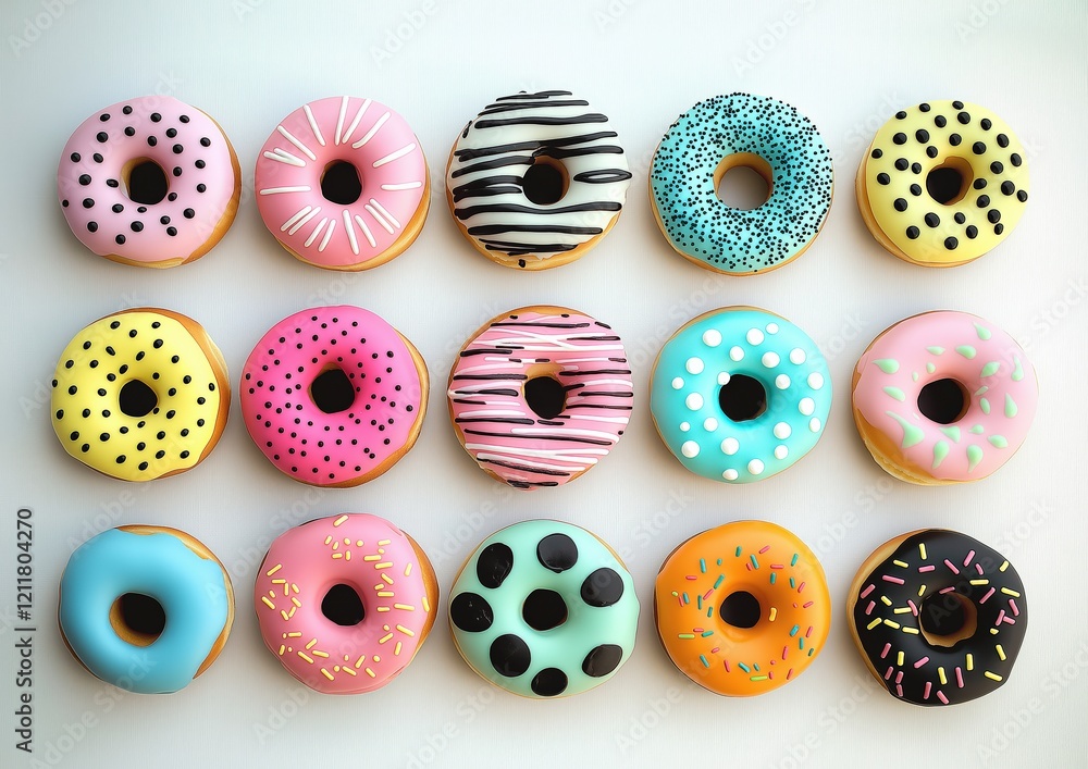 Wall mural Set of various colorful donuts on a solid background