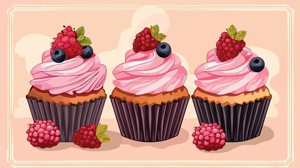 Delicious Freshly Baked Gourmet Cupcakes with Pink Icing and Berries