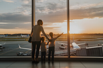 Family Airport Departure Scenic Sunset View Mother Children Holding Hands Watching Airplane Taking...